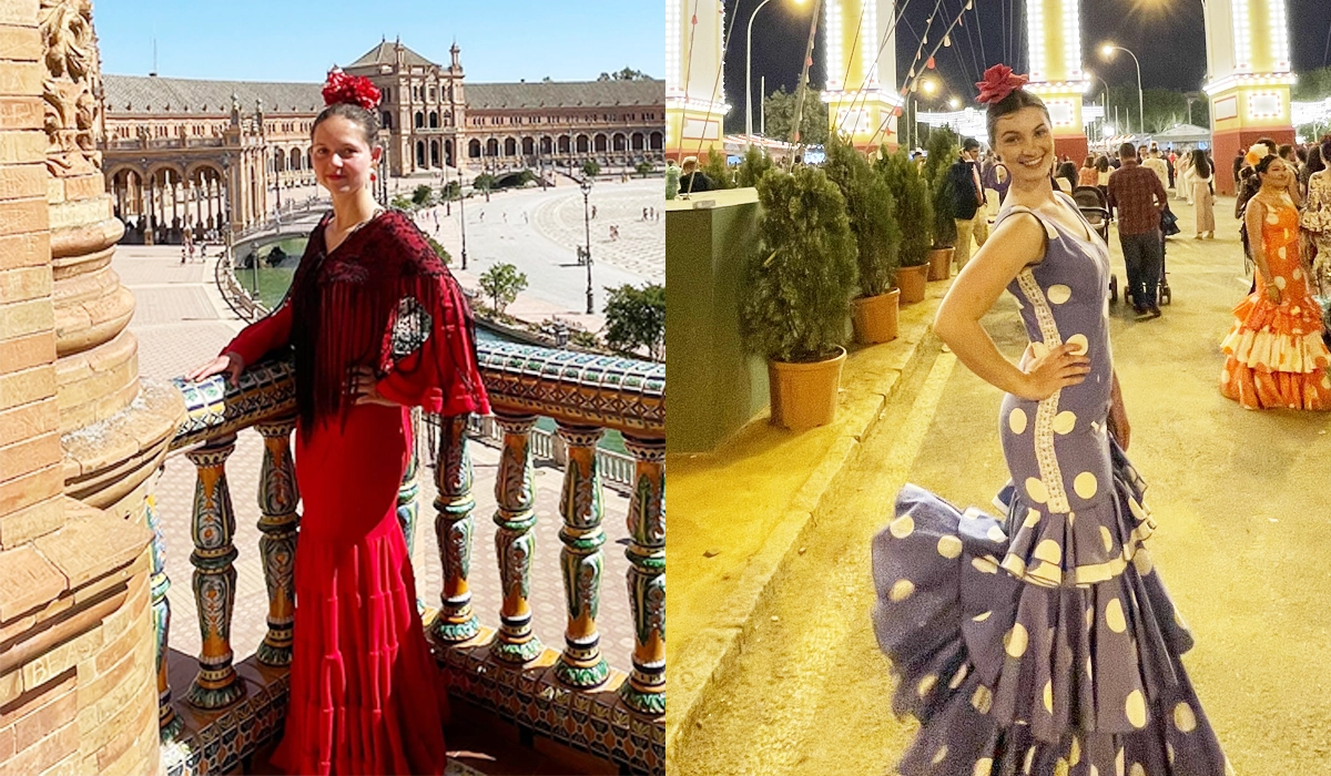 Elawen y Jaclyn vestidas de flamenca para la Feria de Sevilla