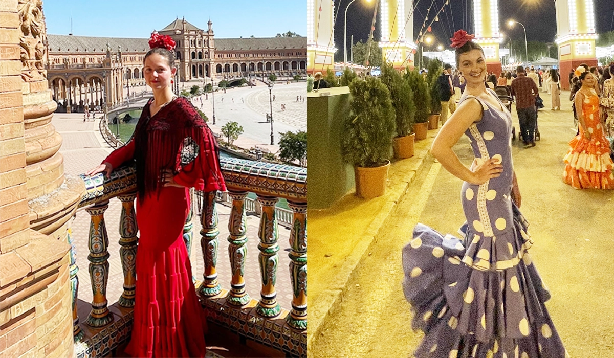 Elawen and Jaclyn dressed in flamenco dresses for the Feria de Sevilla