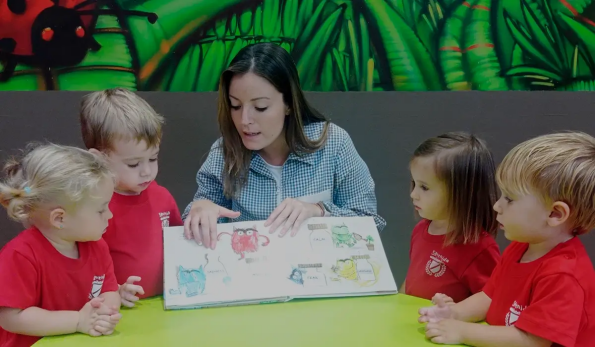 educadora enseñando inglés a niños pequeños de una escuela infantil