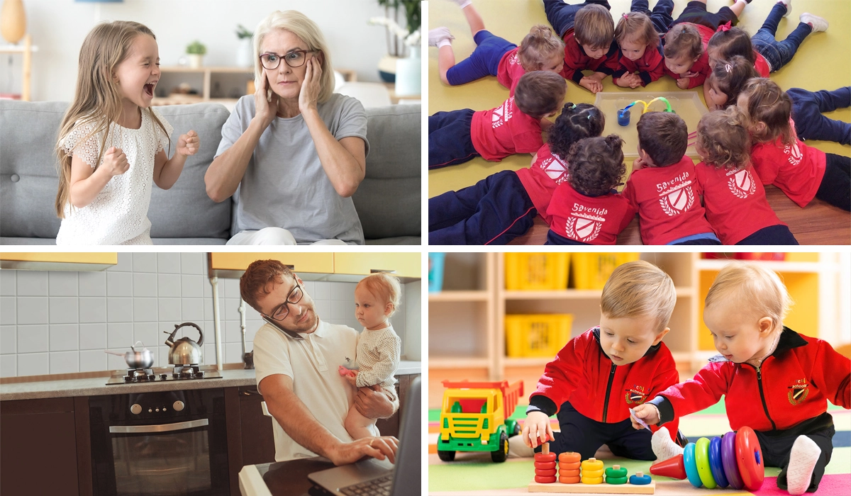 fille qui crie vs. garçons qui expérimentent père qui télétravaille avec son enfant vs. garçons qui apprennent